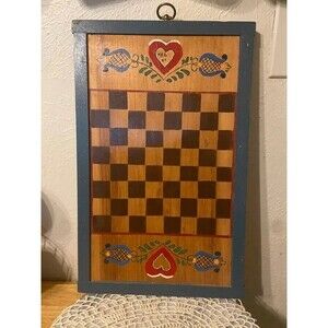 Vintage Primitive Folk Art Hand-Painted Wooden Checkerboard